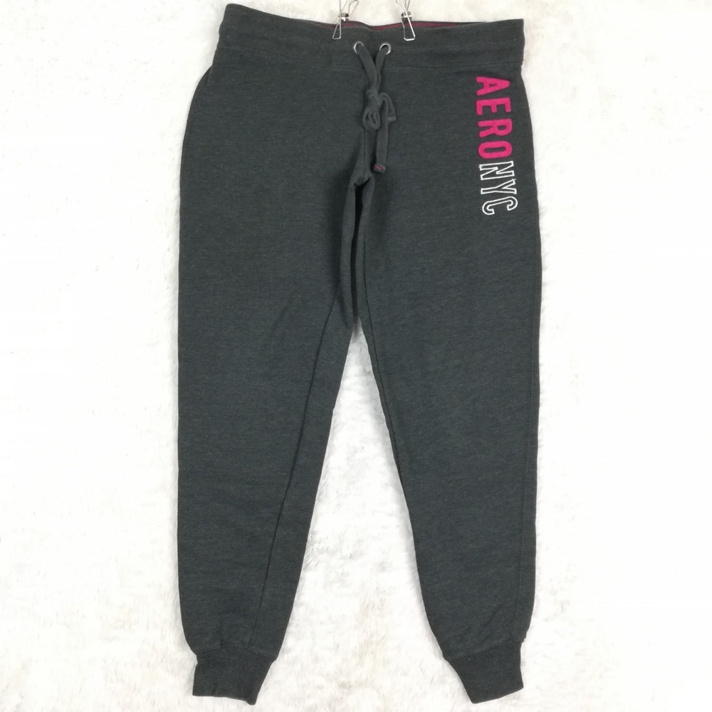 Aeropostale‎ Womens Pants Jogger Fleece Sweatpants Charcoal Gray Embroidered M